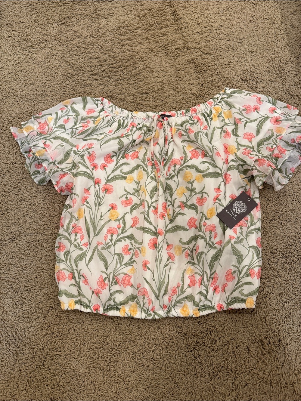 Vince Camuto White Off-Shoulder Floral Blouse with Pink & Yellow Flowers